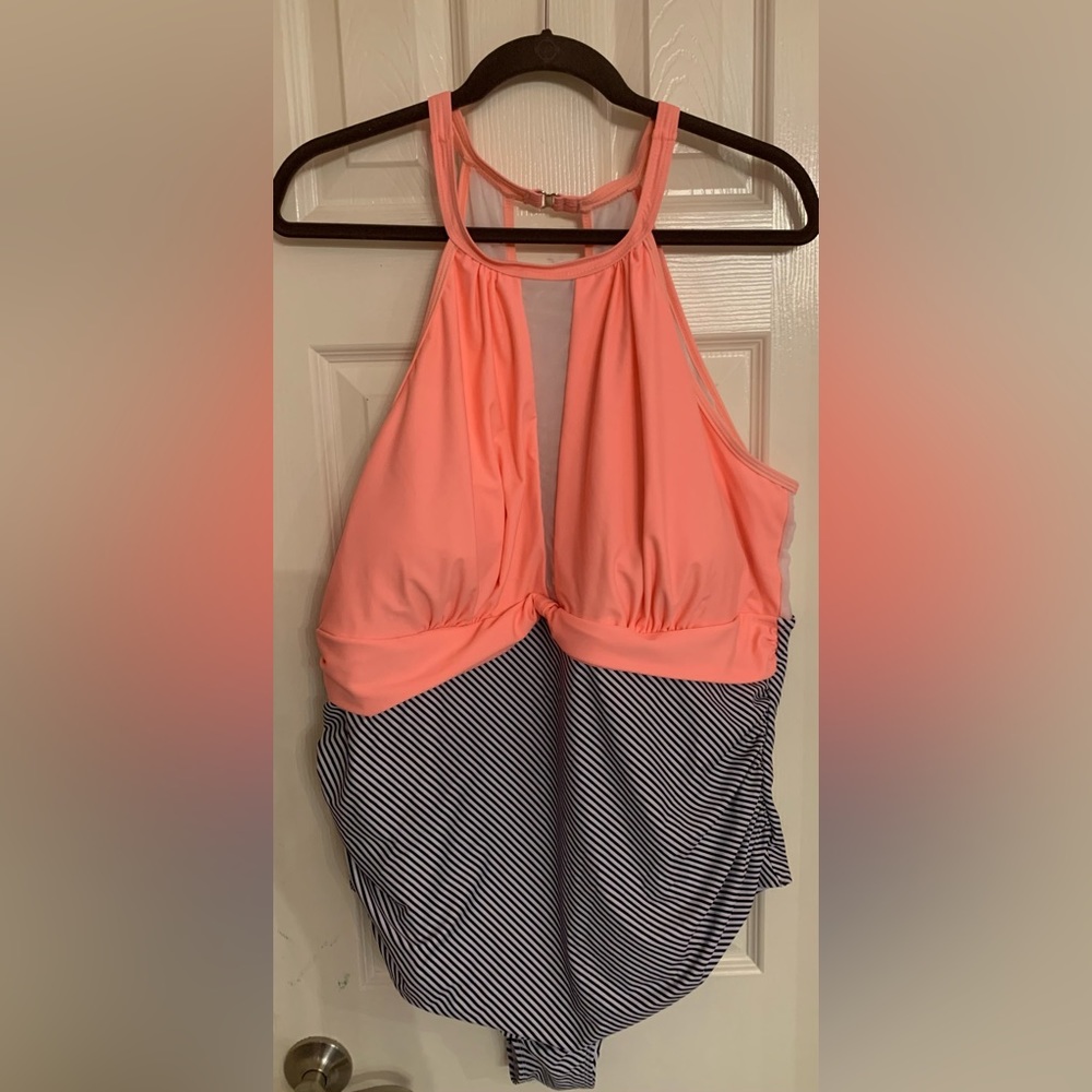 19 - coral and stripe swimsuit